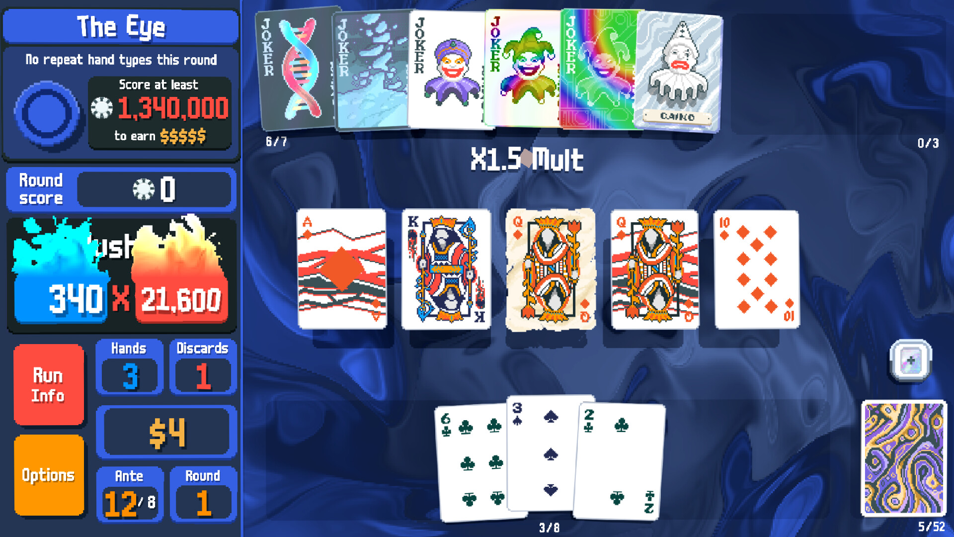 The Eye boss blind at Ante 12 asking for 1,340,000 chips, while the hand in play reads 340 × 21,600 and a joker applies ×1.5 Mult