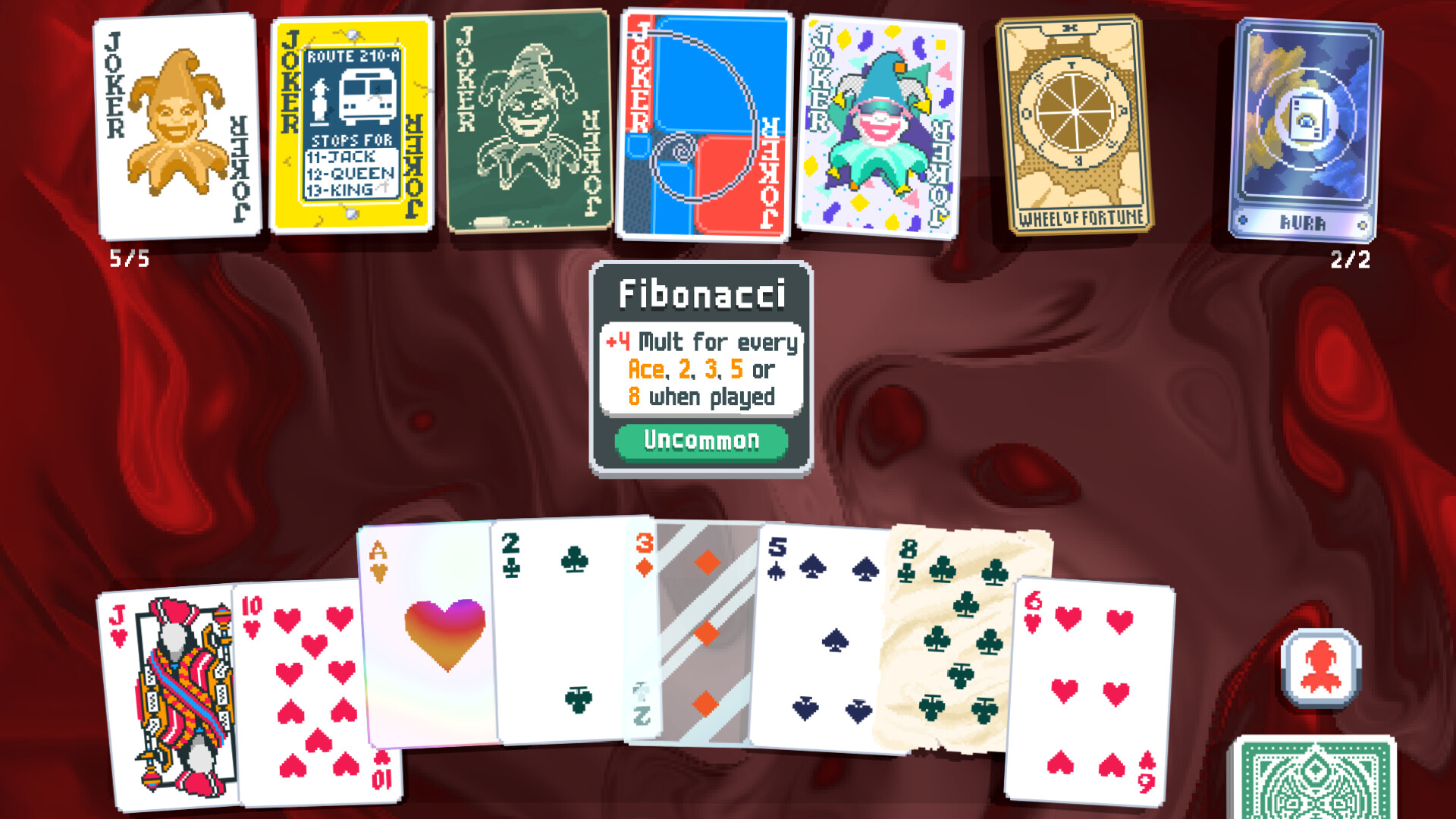 Balatro run with the Fibonacci joker tooltip open, reading +4 Mult for every Ace, 2, 3, 5 or 8 played