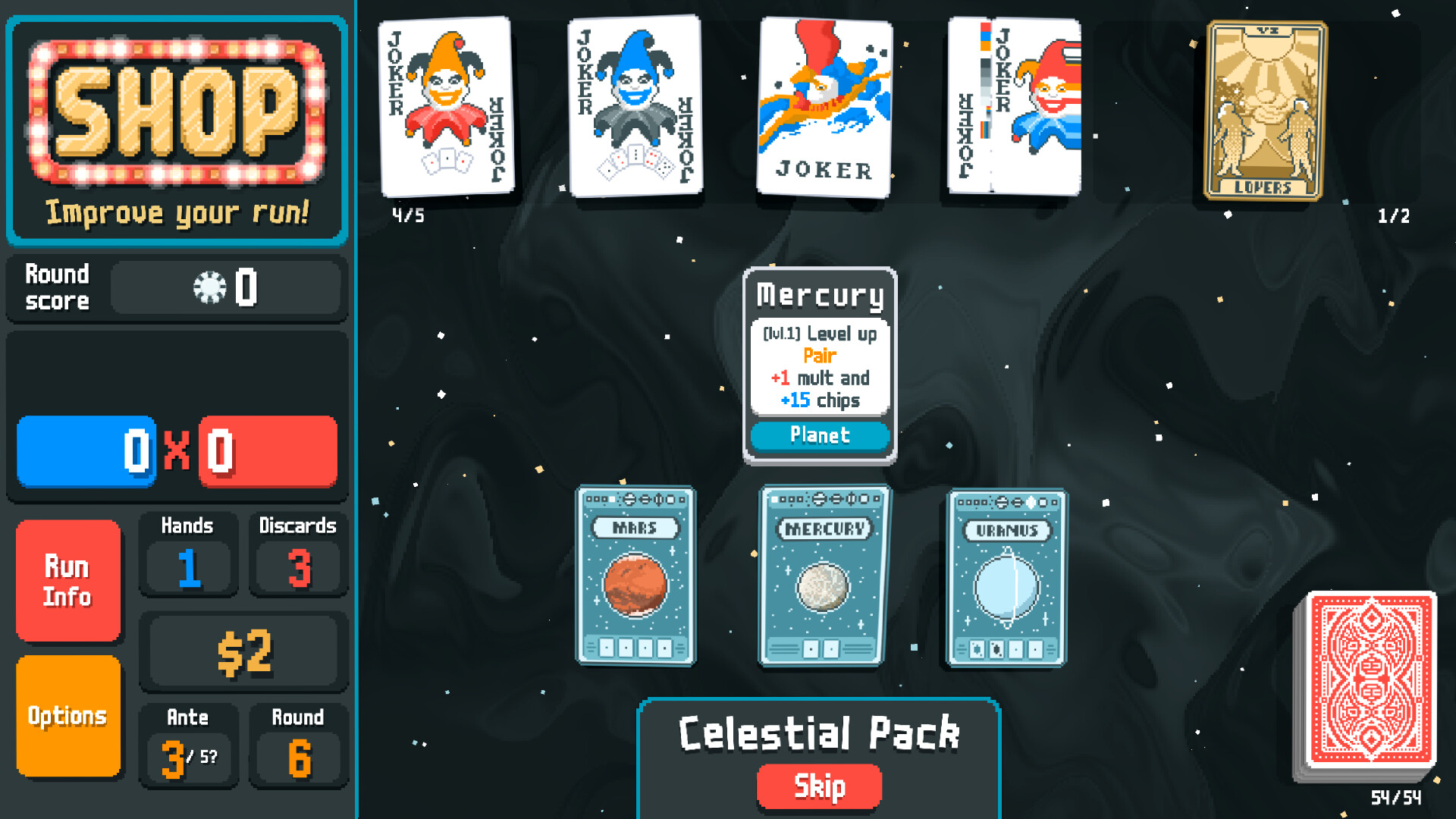 Balatro shop opening a Celestial Pack, with the Mercury planet card that levels up Pair: +1 mult and +15 chips