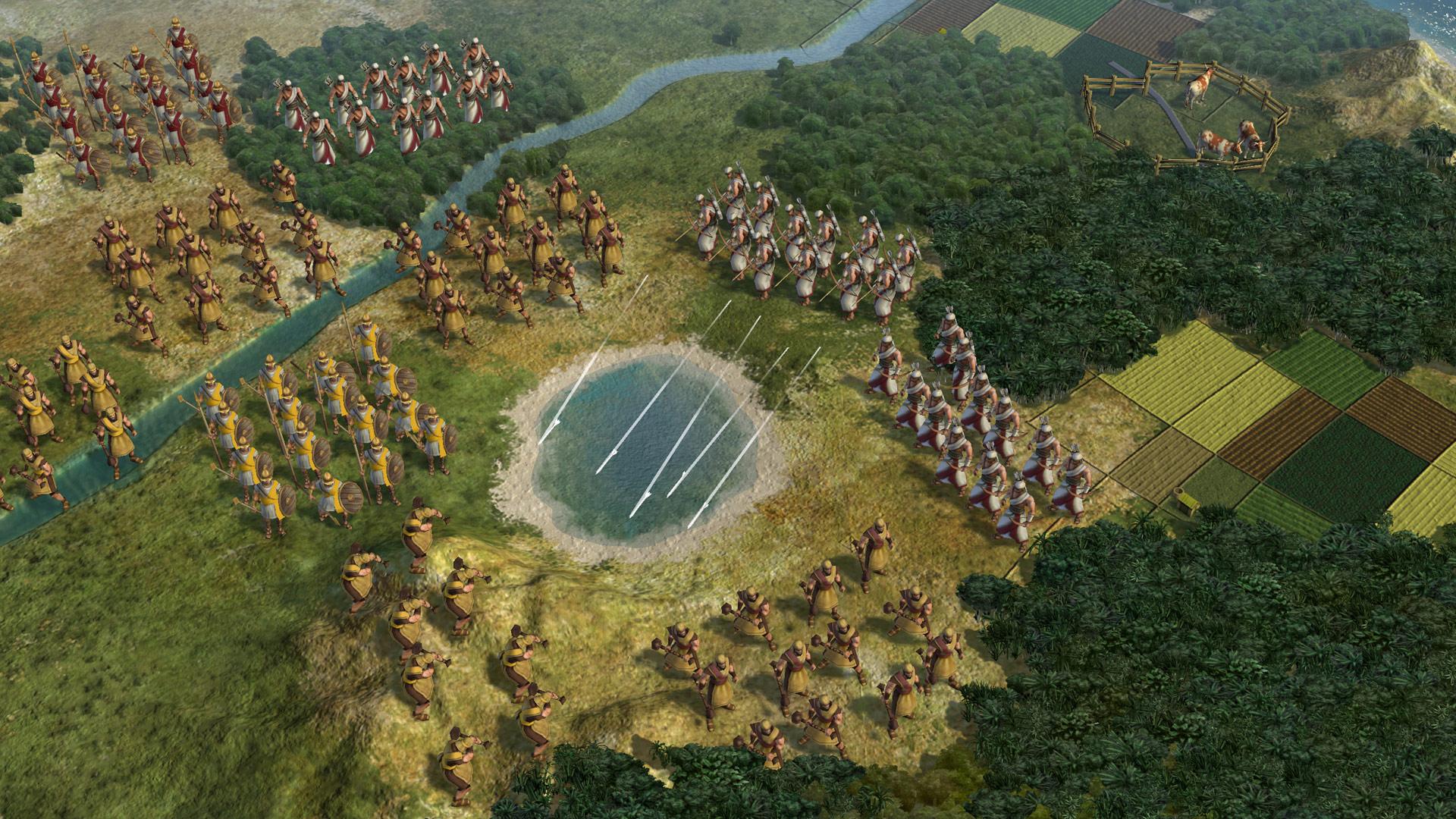 Civilization V armies facing each other on a hex field, with archer and infantry units around a lake