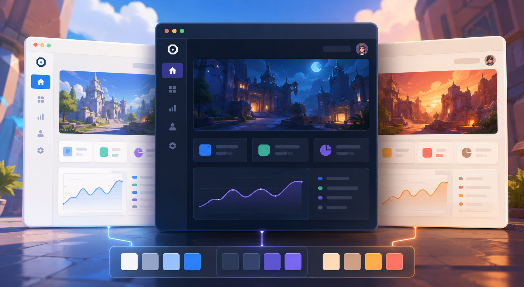 The same interface rendered in three different themes (light, dark, and a warm one), each fed by its own palette of tokens