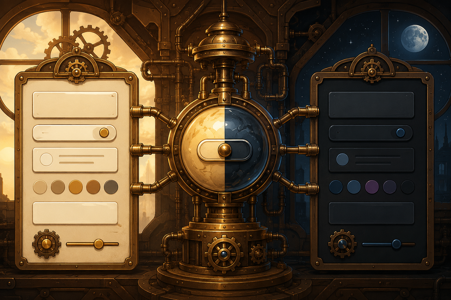 Two identical interface panels, one in light theme and one in dark theme, connected to a single central switch