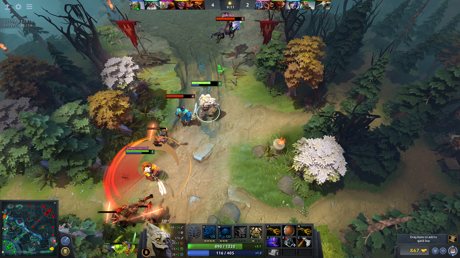 A Dota 2 lane fight with Juggernaut spinning with his sword among creeps and enemy heroes