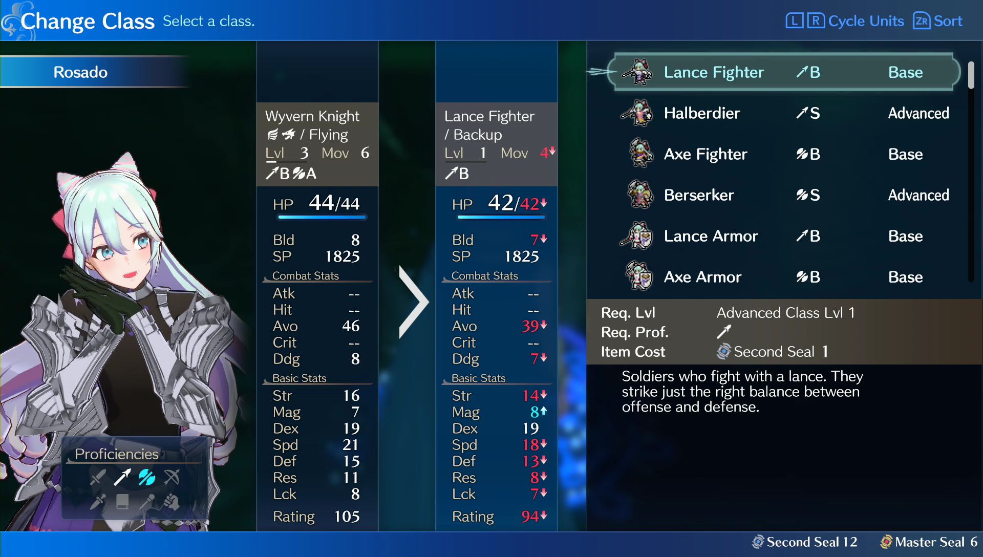 Fire Emblem Engage class change screen showing basic and advanced class unlock