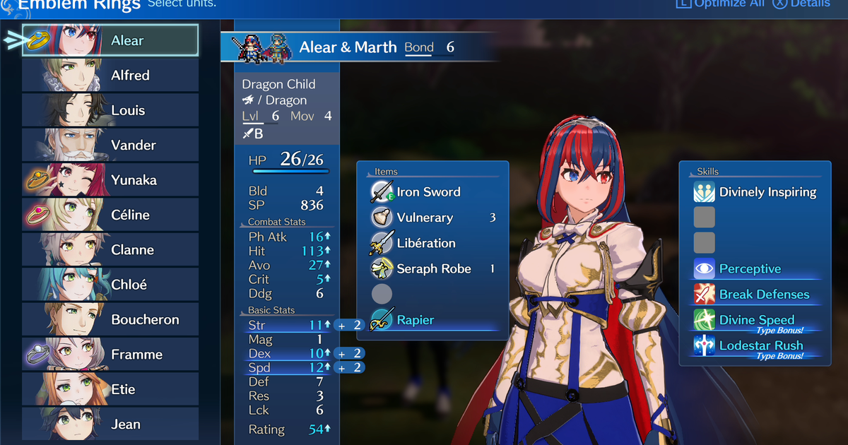 Fire Emblem Engage stats screen showing unit stats including BLD, MOV, and AVO
