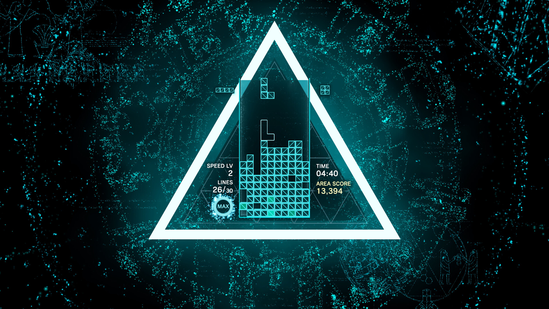 A Tetris Effect: Connected game with an L piece falling, a long bar on hold and a square as the next piece